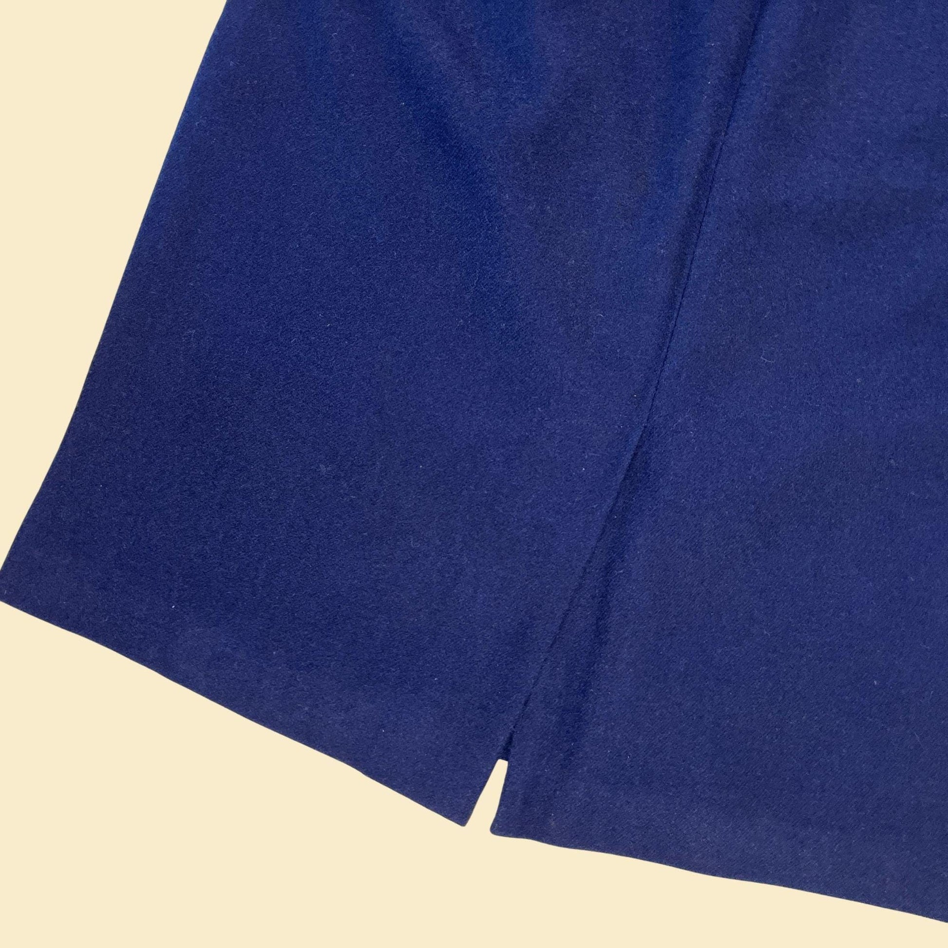 1970s wool midi skirt by Slices, size 13 vintage blue skirt w/ front pocket & belt loops