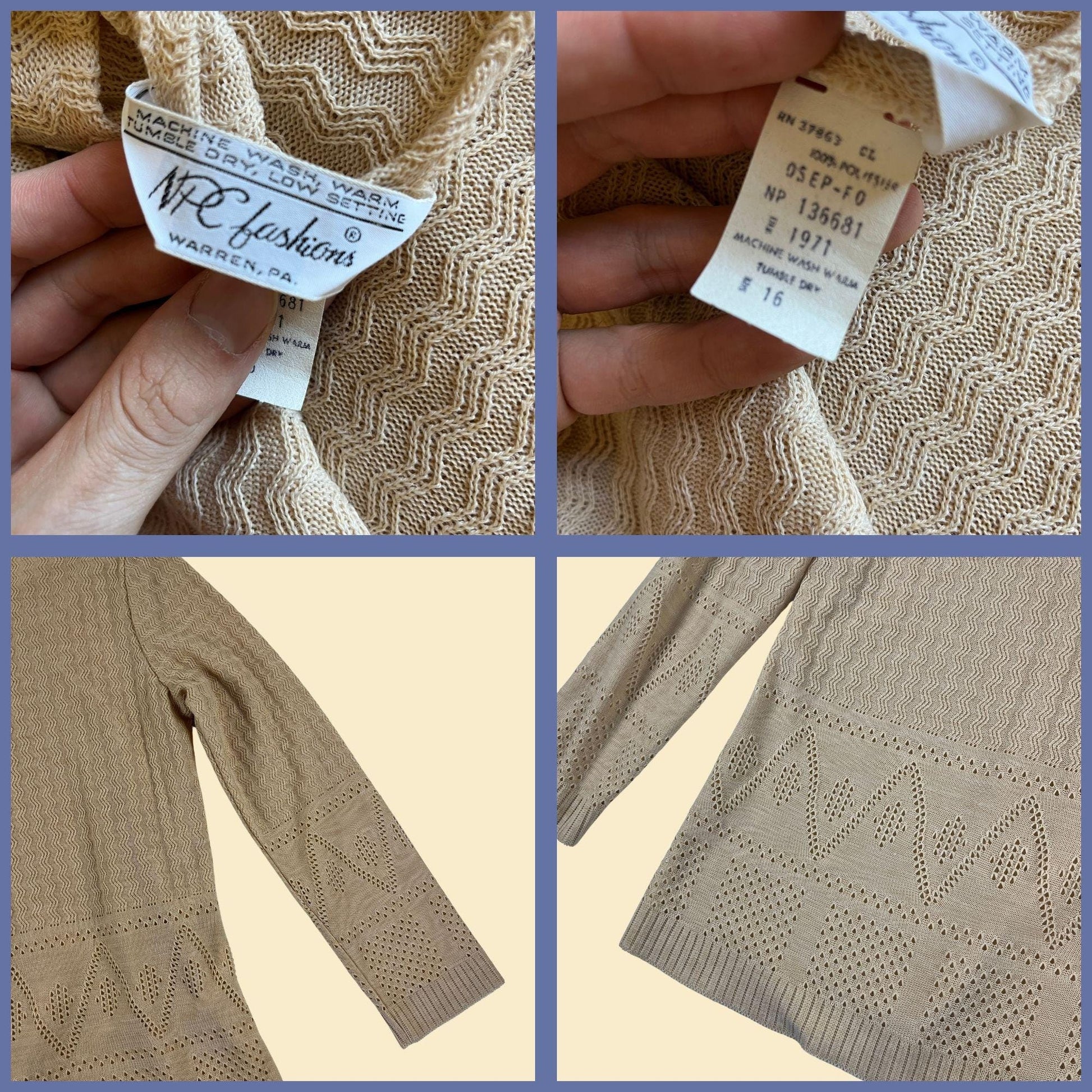 1970s knit cream sweater by NPC Fashions, vintage size 16 beige lightweight geometric lace-like pullover sweater