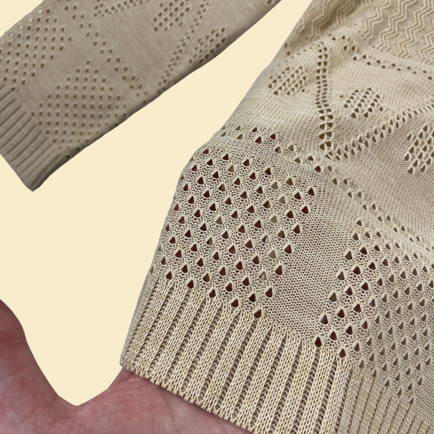 1970s knit cream sweater by NPC Fashions, vintage size 16 beige lightweight geometric lace-like pullover sweater