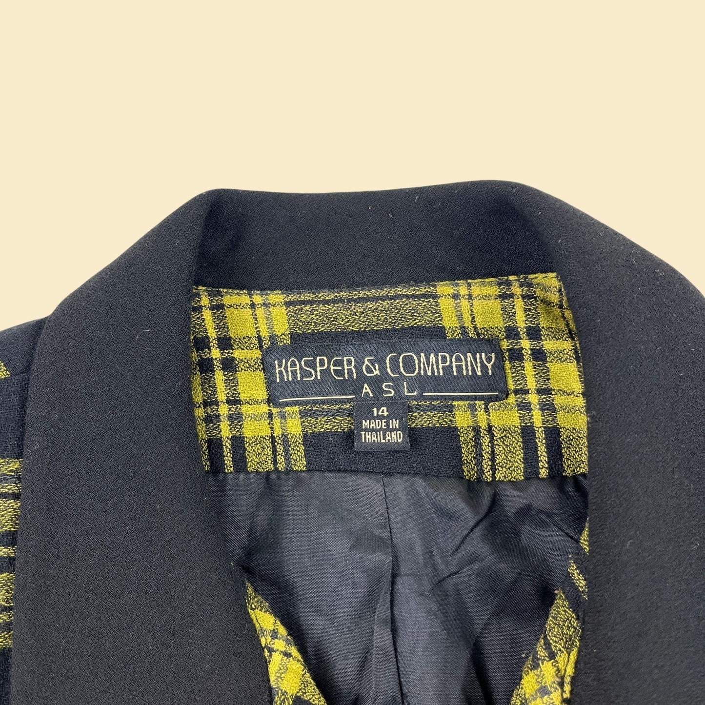 1990s plaid jacket, vintage size 14 black & yellow zip up preppy women's jacket by Kasper Company