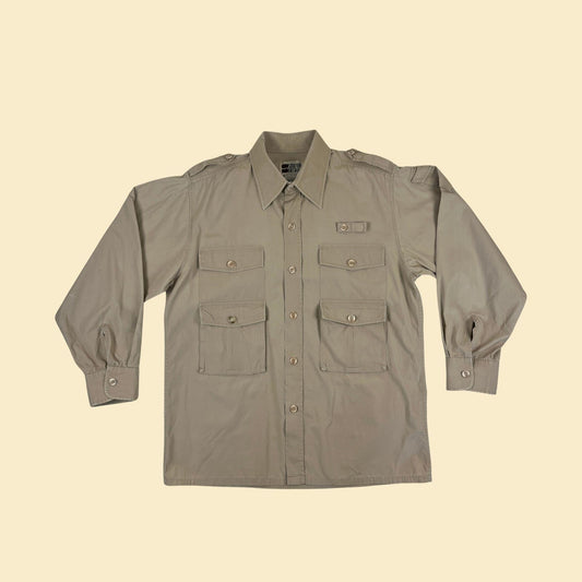 80s/90s L fly fishing shirt by Stream Designs, vintage beige button down multi pocket men's long sleeve top