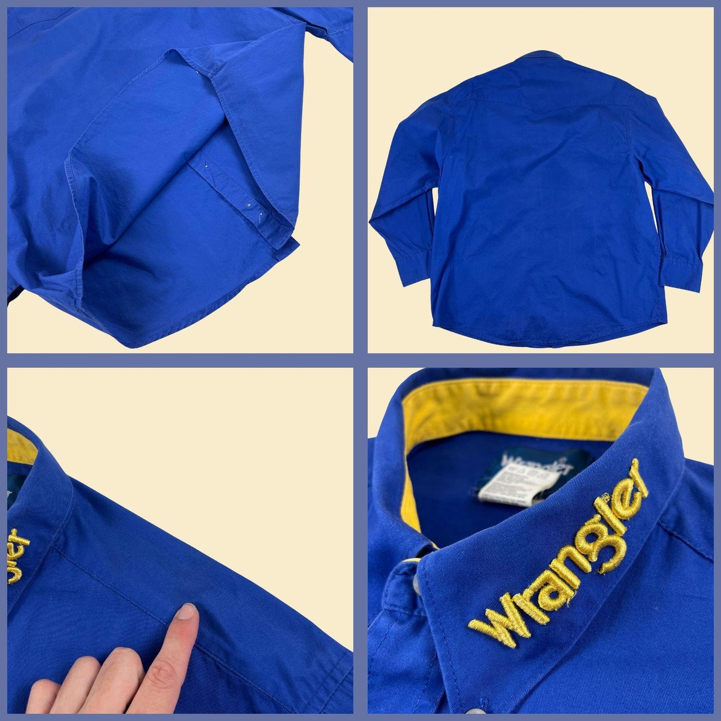 90s/Y2K Wrangler XL men's shirt, vintage blue & yellow long sleeve button down top with bubble lettering