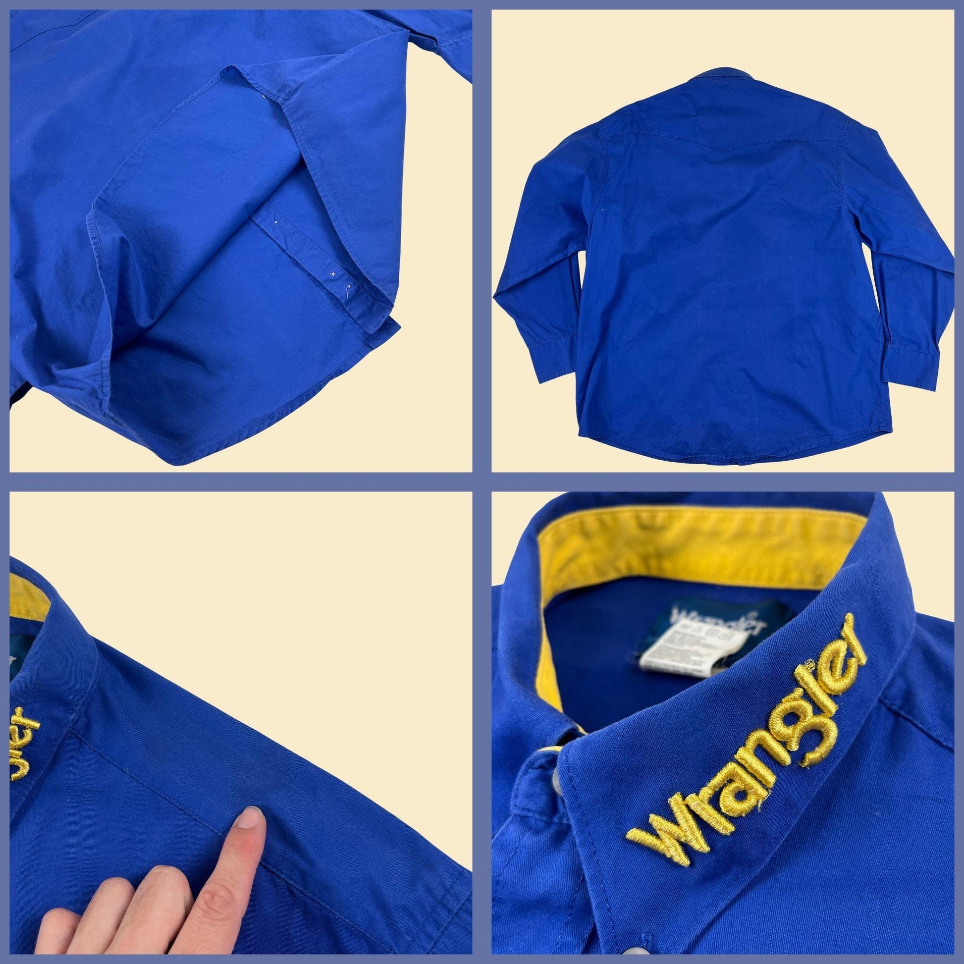 90s/Y2K Wrangler XL men's shirt, vintage blue & yellow long sleeve button down top with bubble lettering