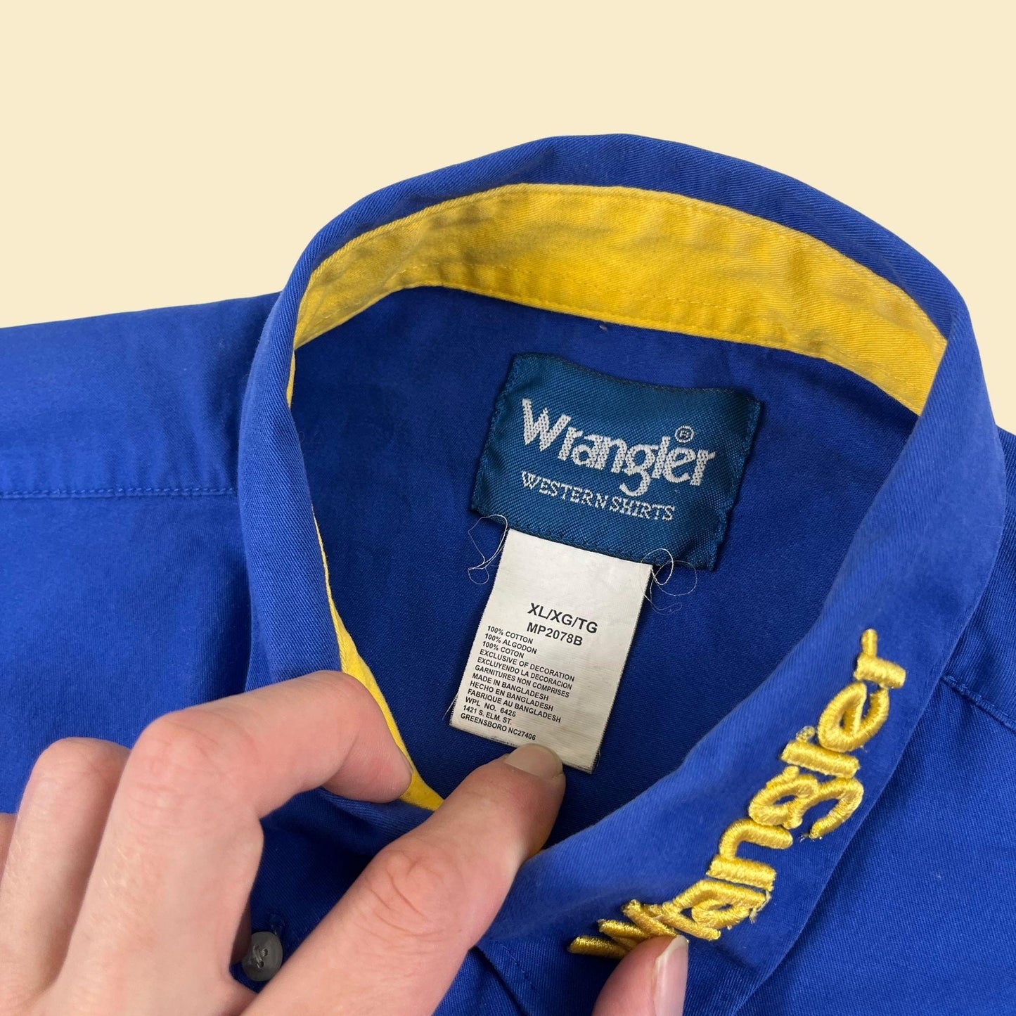 90s/Y2K Wrangler XL men's shirt, vintage blue & yellow long sleeve button down top with bubble lettering