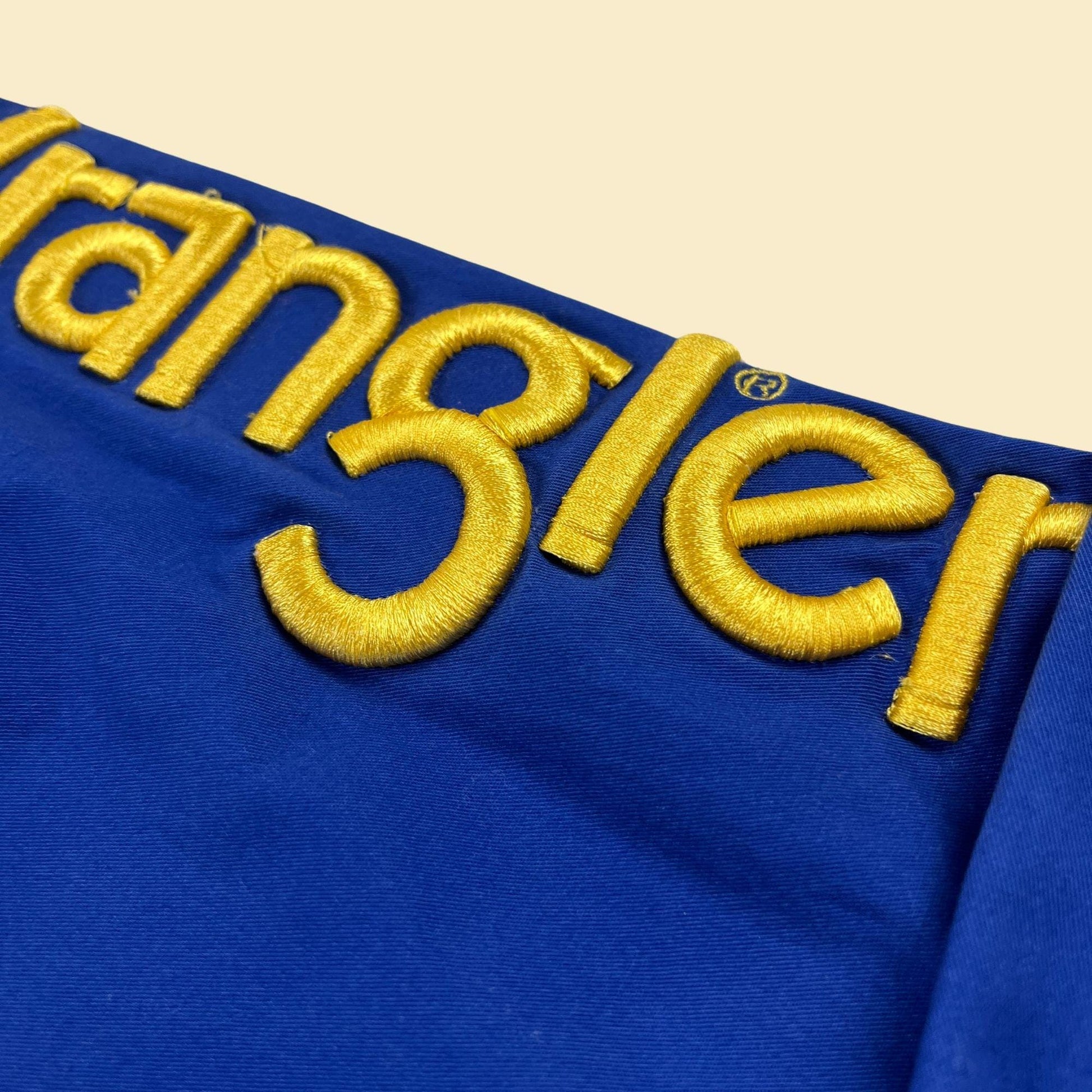 90s/Y2K Wrangler XL men's shirt, vintage blue & yellow long sleeve button down top with bubble lettering