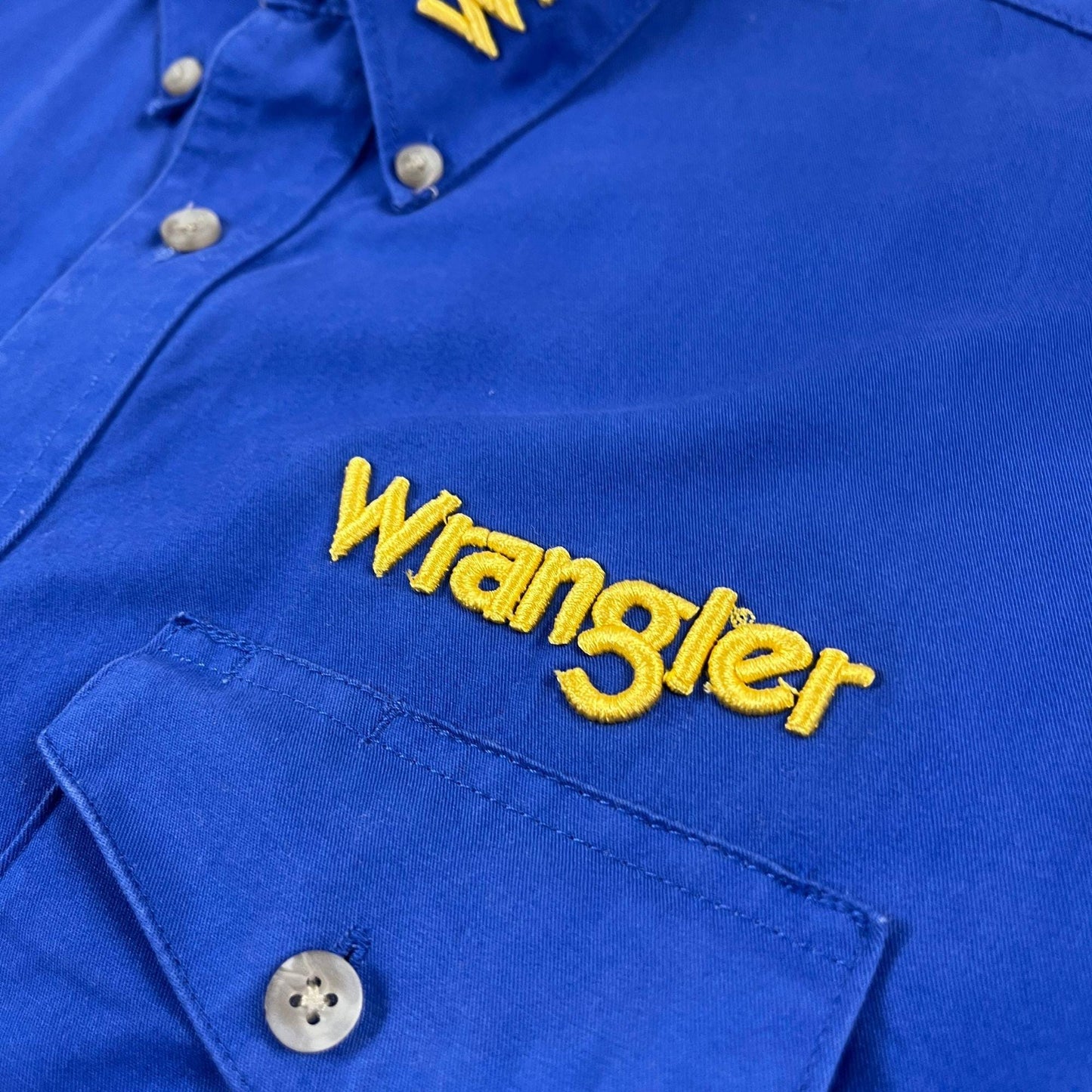 90s/Y2K Wrangler XL men's shirt, vintage blue & yellow long sleeve button down top with bubble lettering