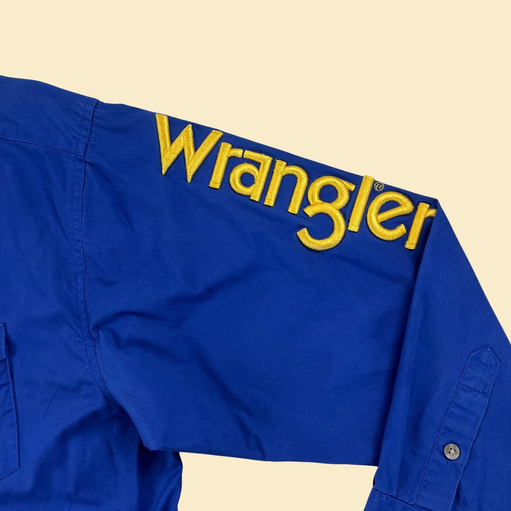 90s/Y2K Wrangler XL men's shirt, vintage blue & yellow long sleeve button down top with bubble lettering