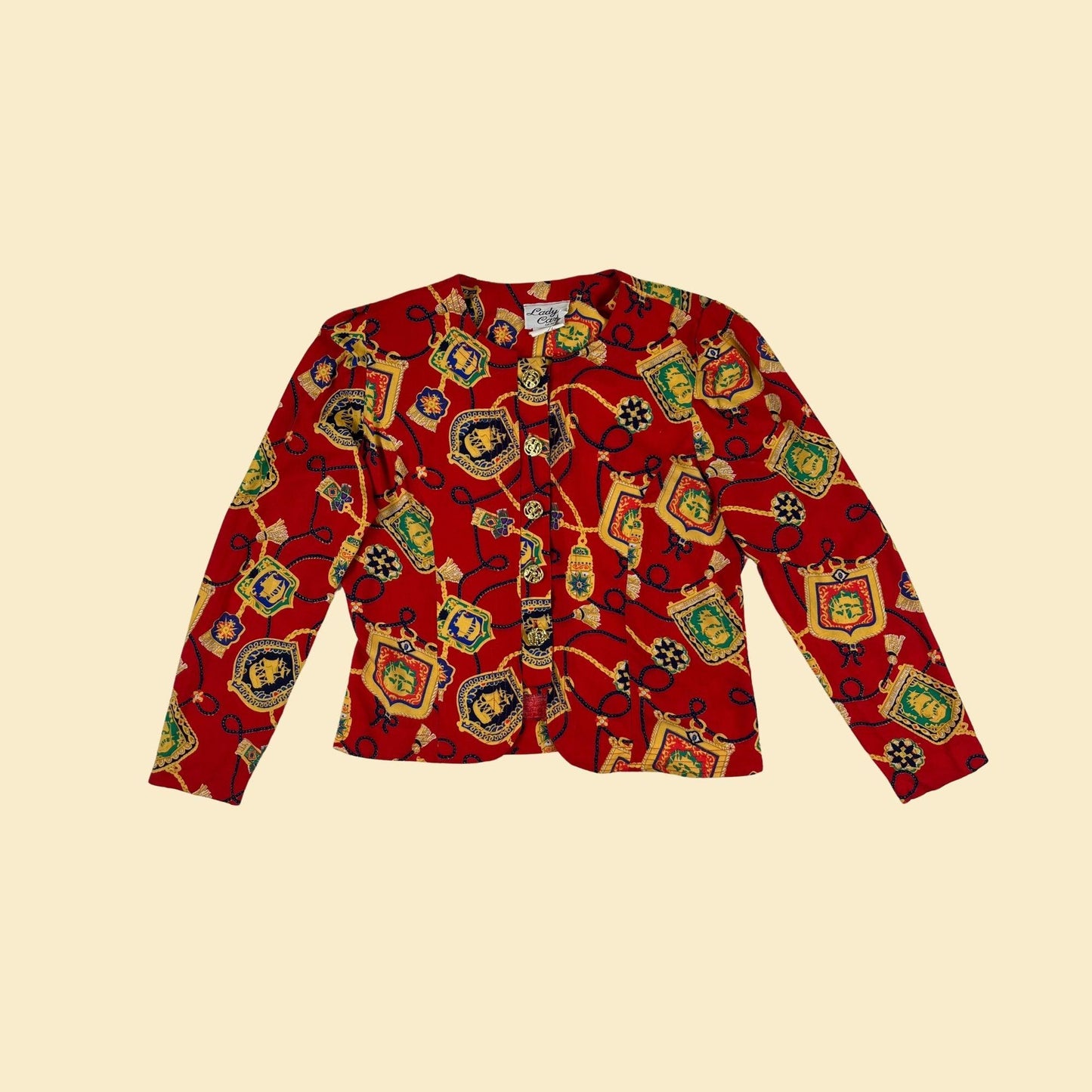 1980s baroque blouse, size 10 vintage red & gold rope/crest patterned top by Lady Carol New York