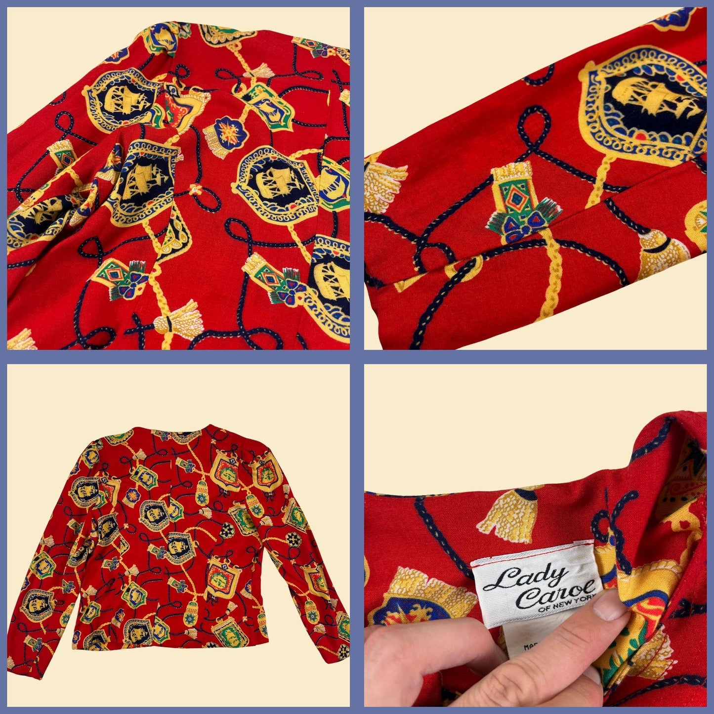 1980s baroque blouse, size 10 vintage red & gold rope/crest patterned top by Lady Carol New York