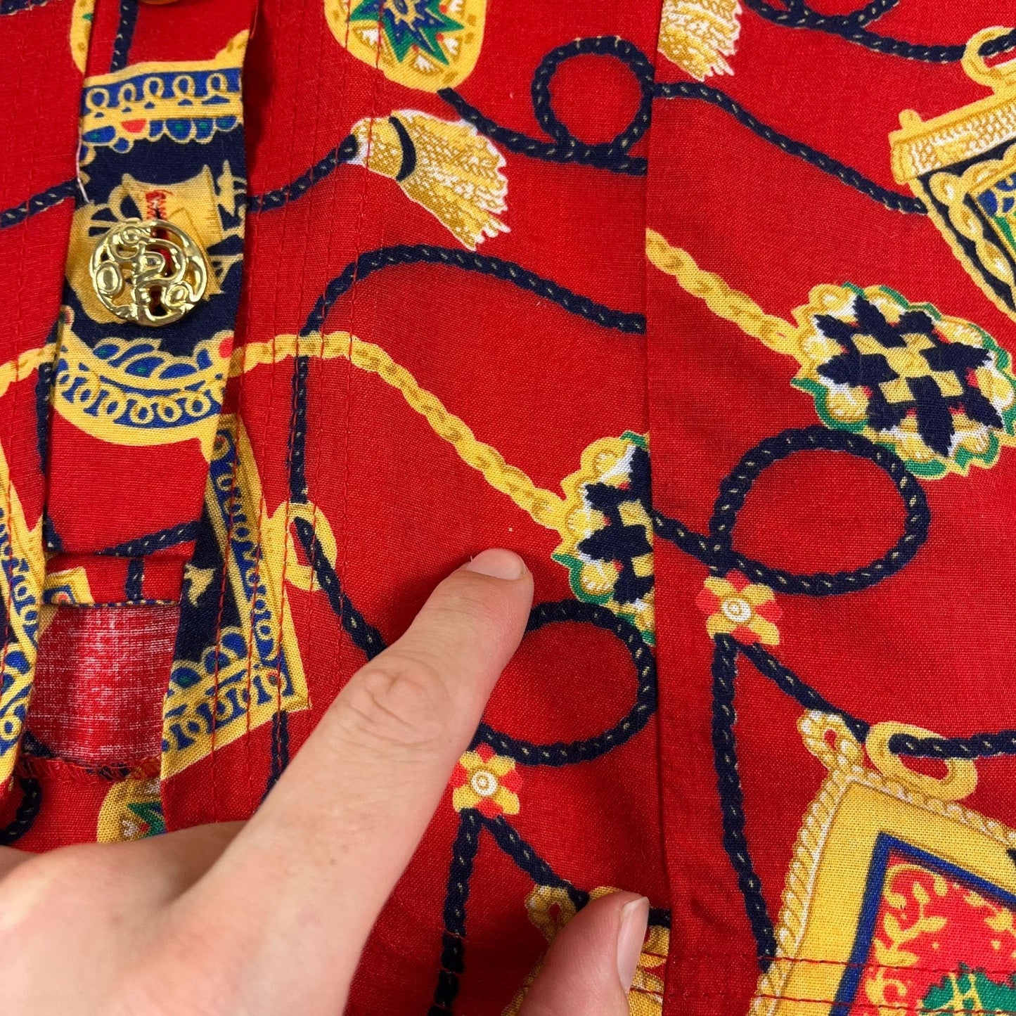 1980s baroque blouse, size 10 vintage red & gold rope/crest patterned top by Lady Carol New York