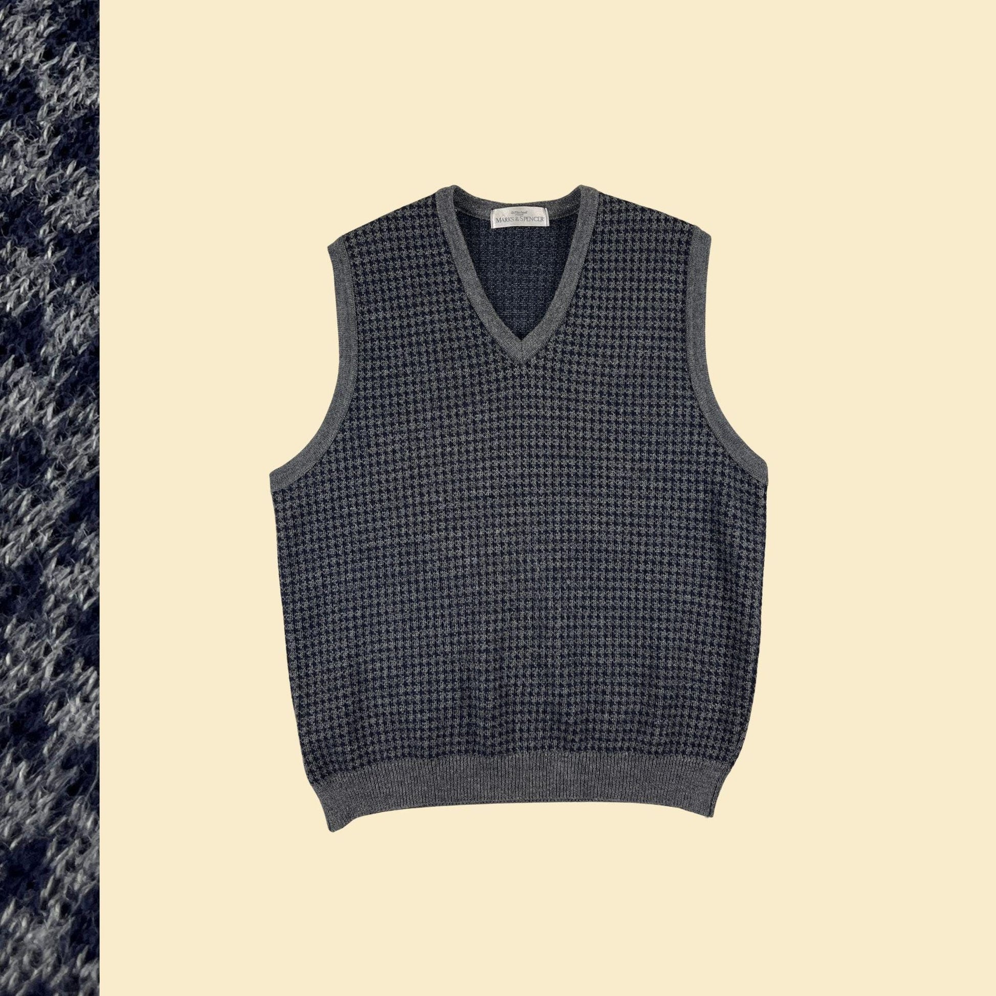 90s/Y2K houndstooth sweater vest, vintage blue/grey knit men's vest by St. Michael from Marks & Spencer