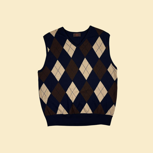 90s/Y2K argyle sweater vest by Trevero III, vintage blue & brown knit L to XL vest