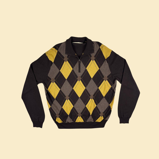 Y2K Perry Ellis XL quarter zip sweater, vintage argyle brown & yellow pullover men's sweatshirt