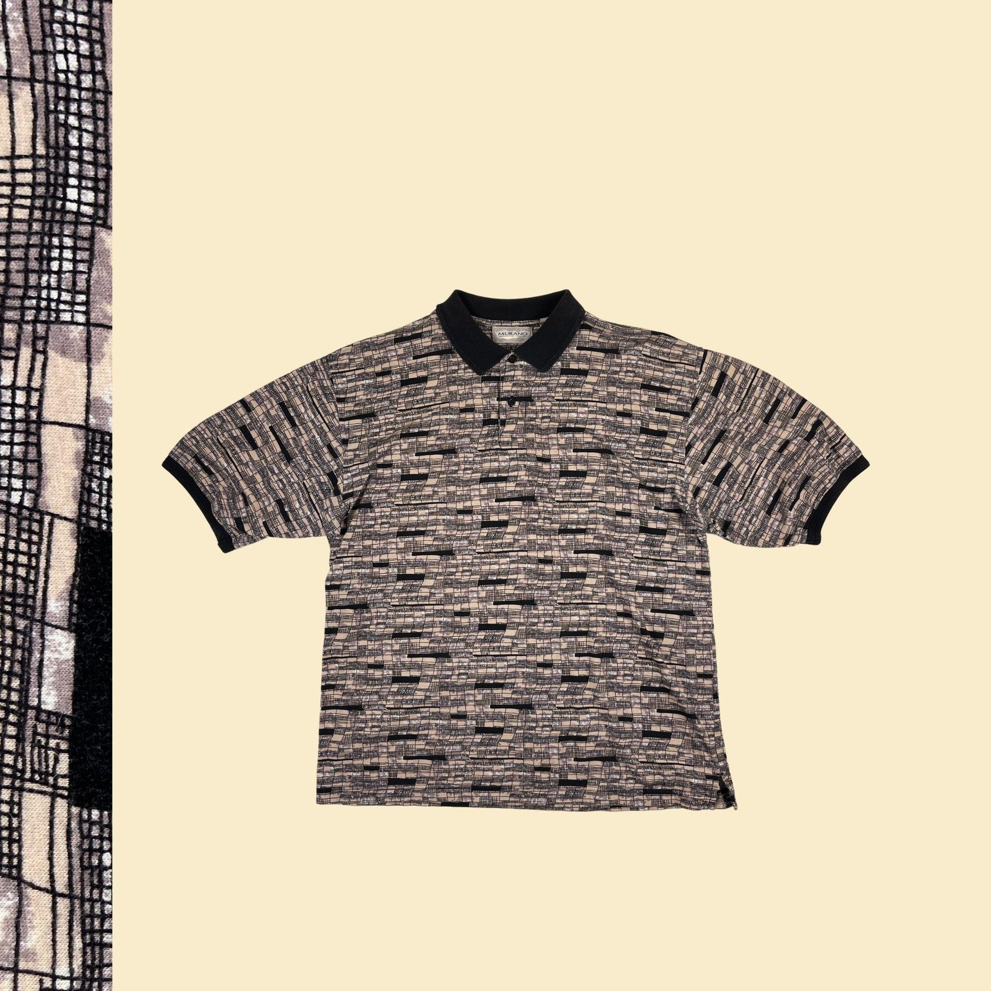 90s Murano L polo shirt, vintage abstract geometric brown, black & beige short sleeve men's top