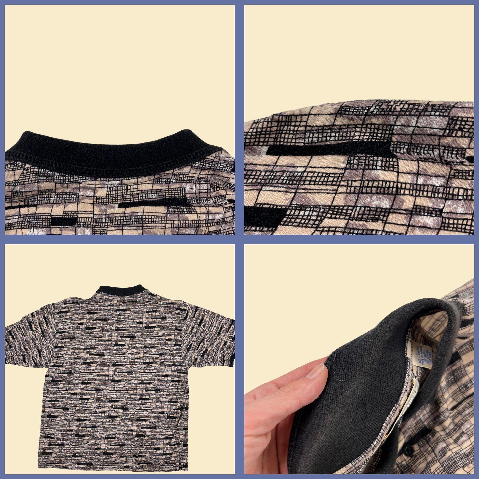 90s Murano L polo shirt, vintage abstract geometric brown, black & beige short sleeve men's top