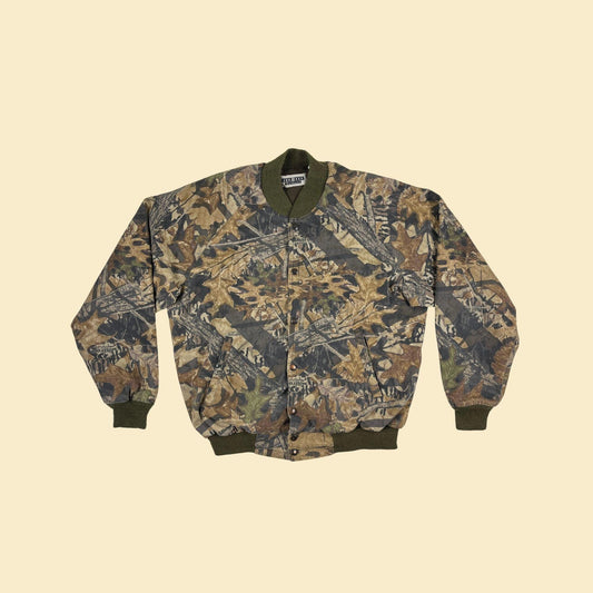 90s/Y2K camo jacket, vintage Jerzees L zip up Mossy Oak patterned green/brown zip up men's bomber windbreaker