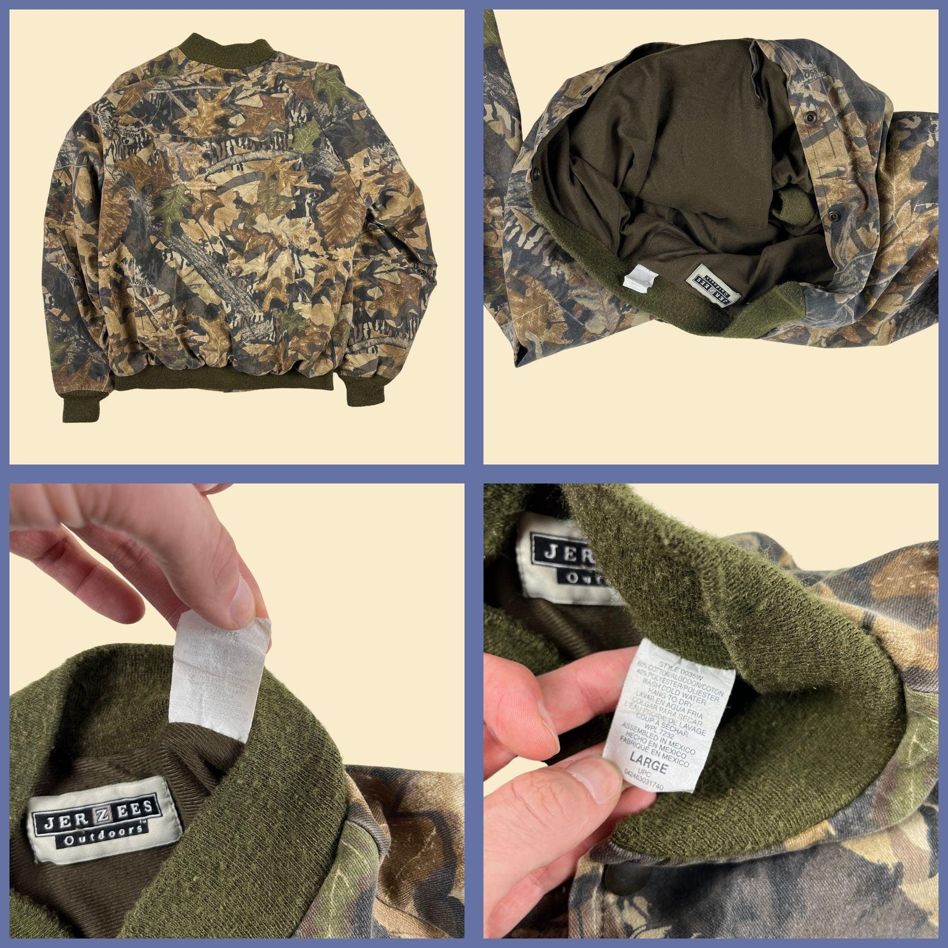 90s/Y2K camo jacket, vintage Jerzees L zip up Mossy Oak patterned green/brown zip up men's bomber windbreaker