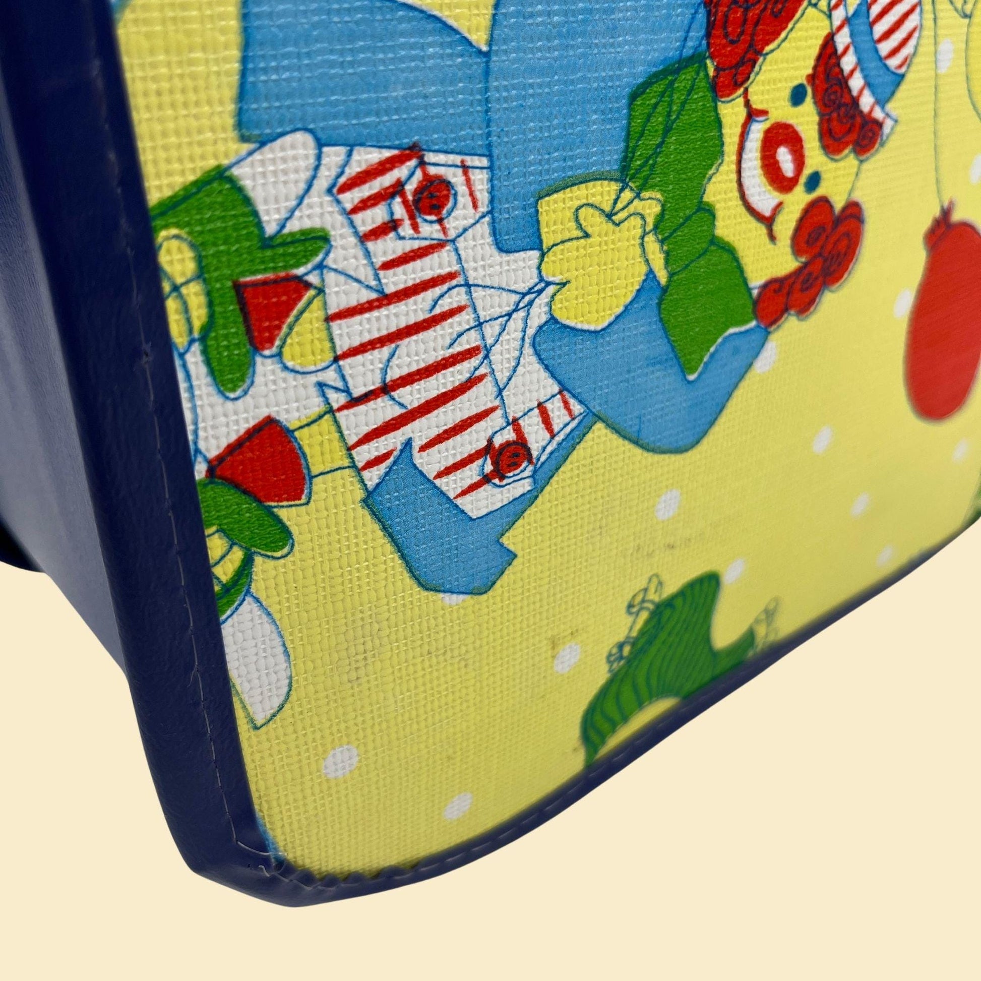 1970s circus scene tote bag, vintage blue & yellow vinyl craft bag