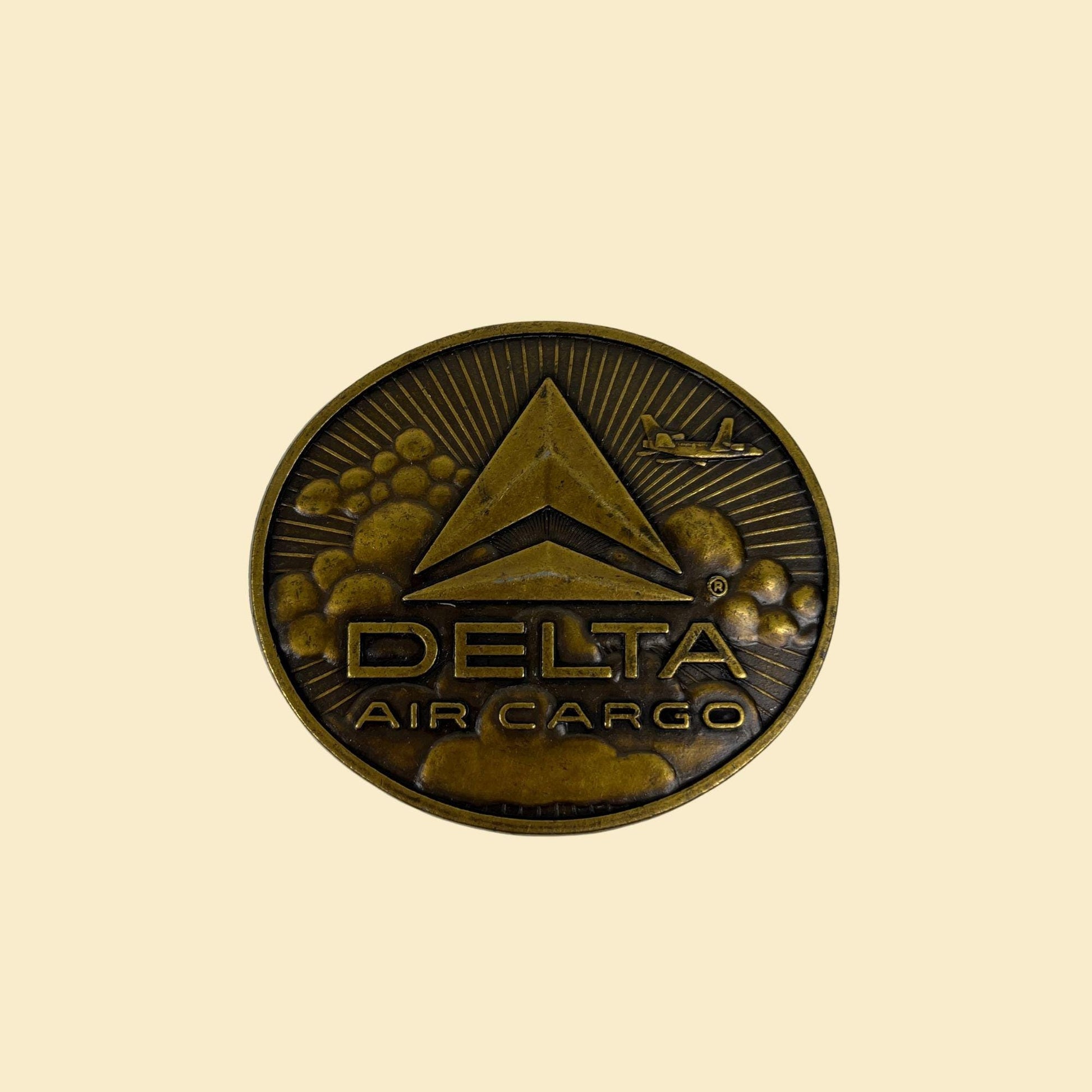 1970s Delta Airlines belt buckle, vintage brass oval-shaped Delta Air Cargo belt buckle