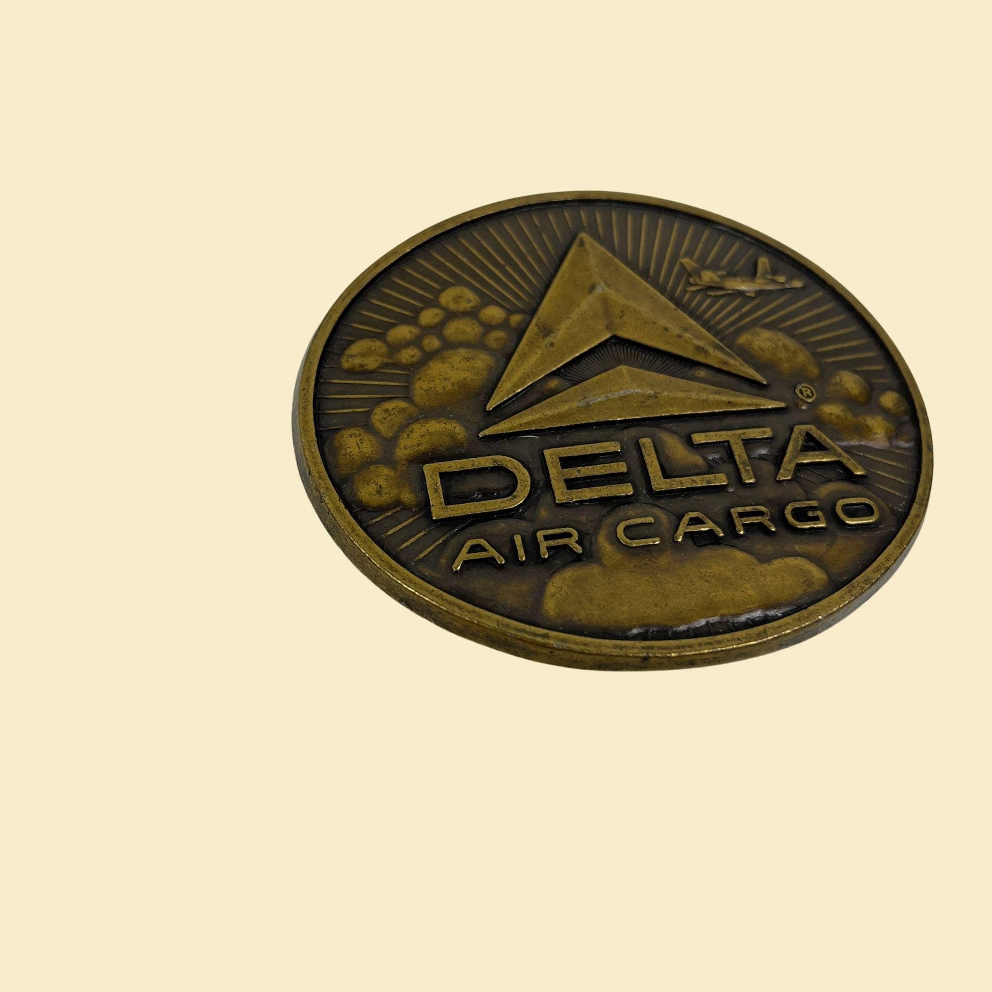 1970s Delta Airlines belt buckle, vintage brass oval-shaped Delta Air Cargo belt buckle