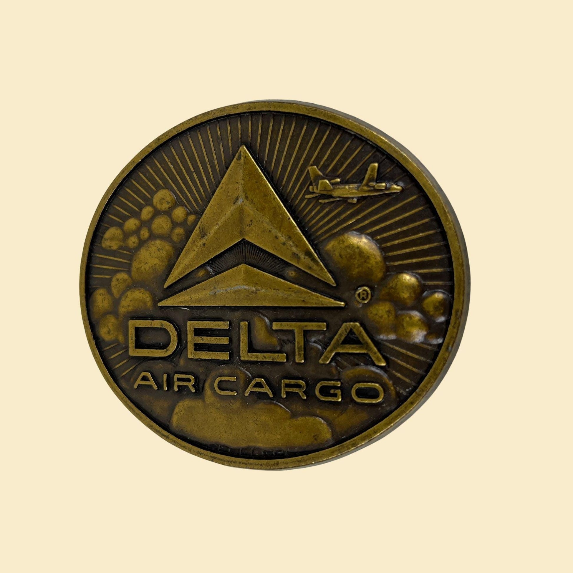 1970s Delta Airlines belt buckle, vintage brass oval-shaped Delta Air Cargo belt buckle