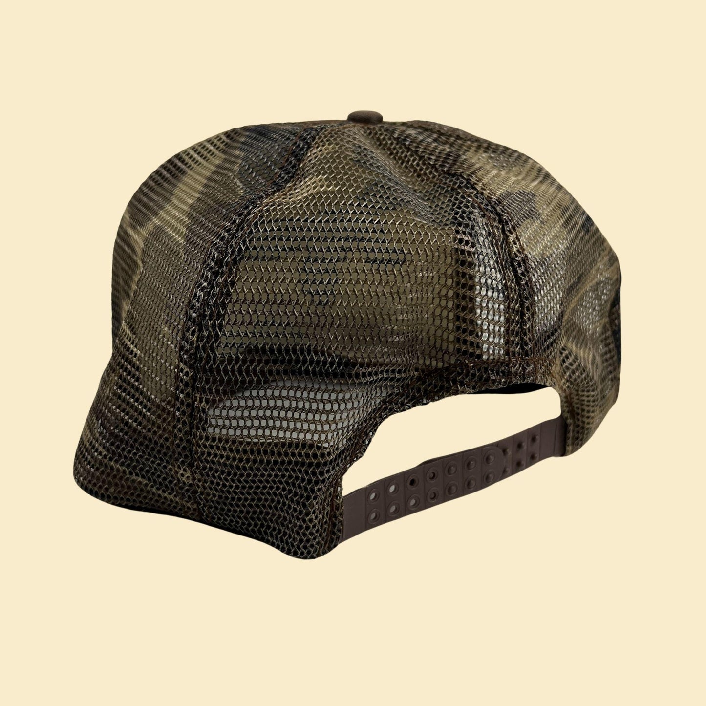 80s camo Paine Supply Inc. snapback hat, vintage San Sun green & brown trucker cap w/ adjustable back