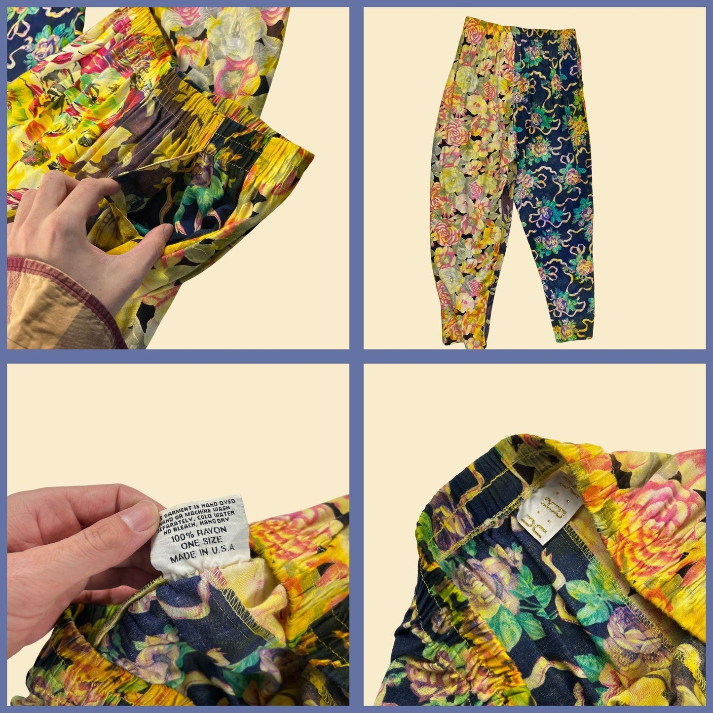 90s URU 2-piece blouse & pants set, vintage abstract lightweight floral shirt/pant set in yellow/blue, "one size"