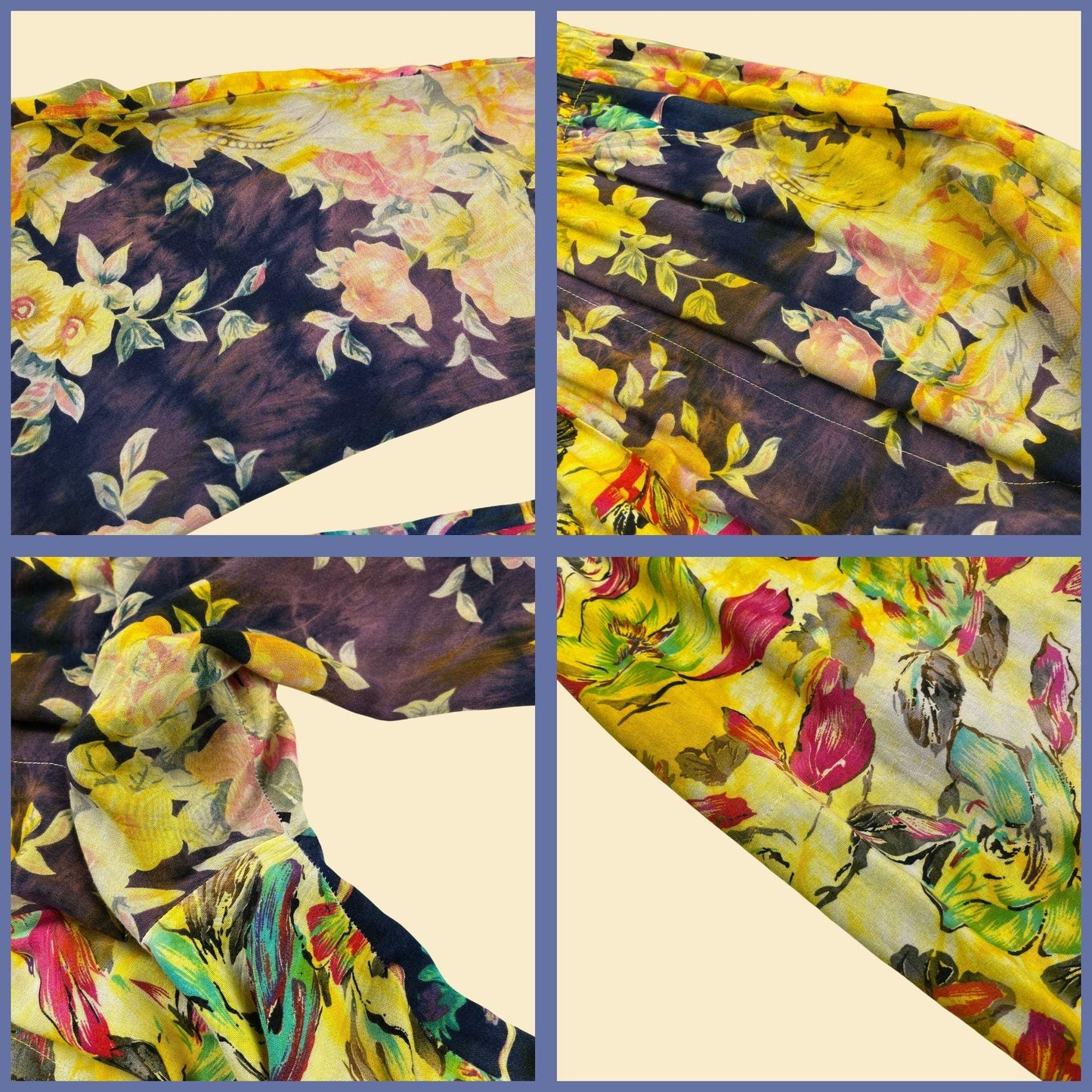 90s URU 2-piece blouse & pants set, vintage abstract lightweight floral shirt/pant set in yellow/blue, "one size"