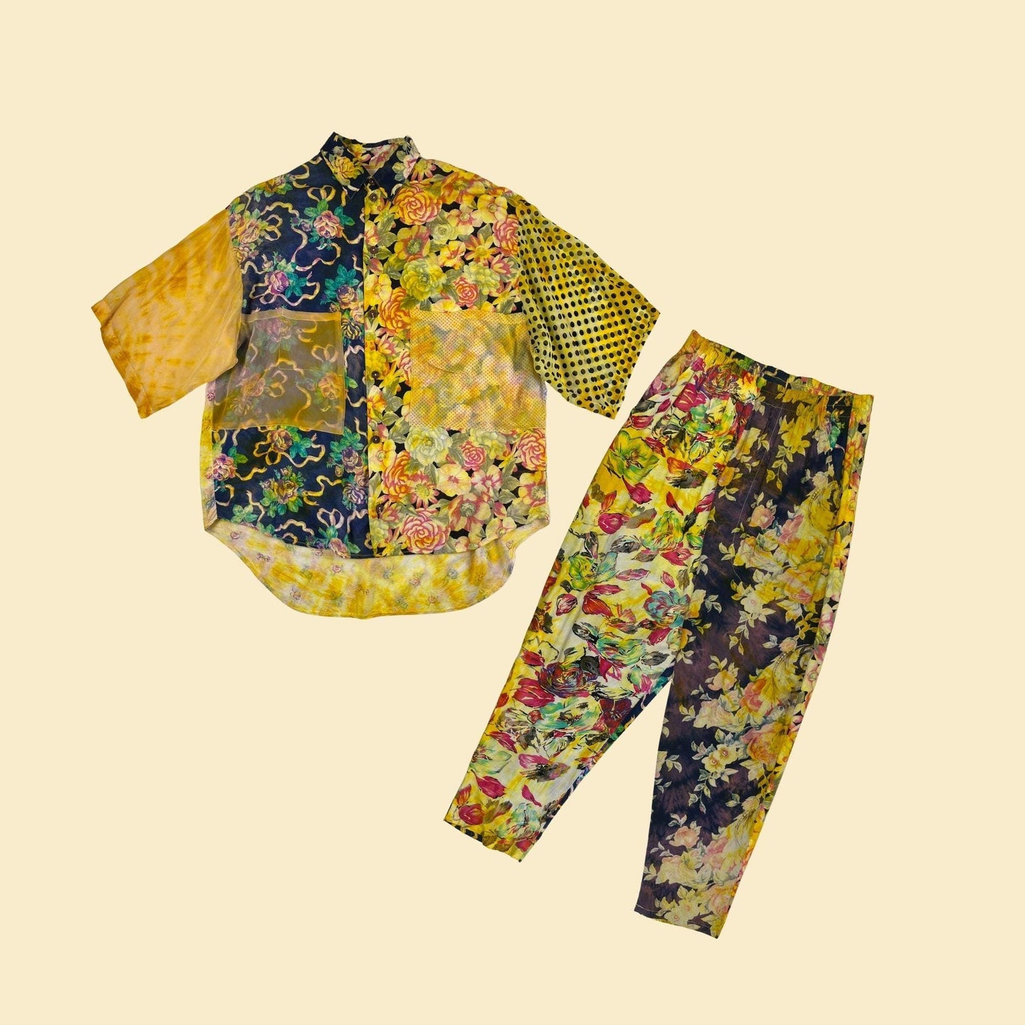 90s URU 2-piece blouse & pants set, vintage abstract lightweight floral shirt/pant set in yellow/blue, "one size"