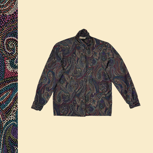 70s/80s abstract 6P blouse by Nicole Blake Petites, vintage psychedelic purple & teal patterned women's top