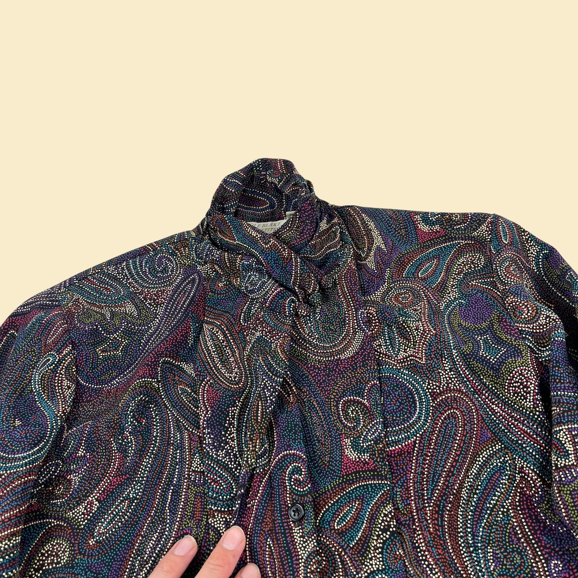 70s/80s abstract 6P blouse by Nicole Blake Petites, vintage psychedelic purple & teal patterned women's top