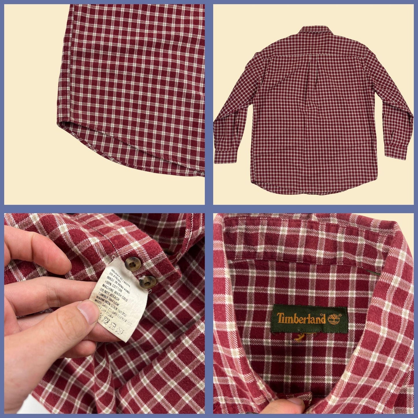 90s Timberland shirt, vintage plaid burgundy & beige M to L men's long sleeve button down top