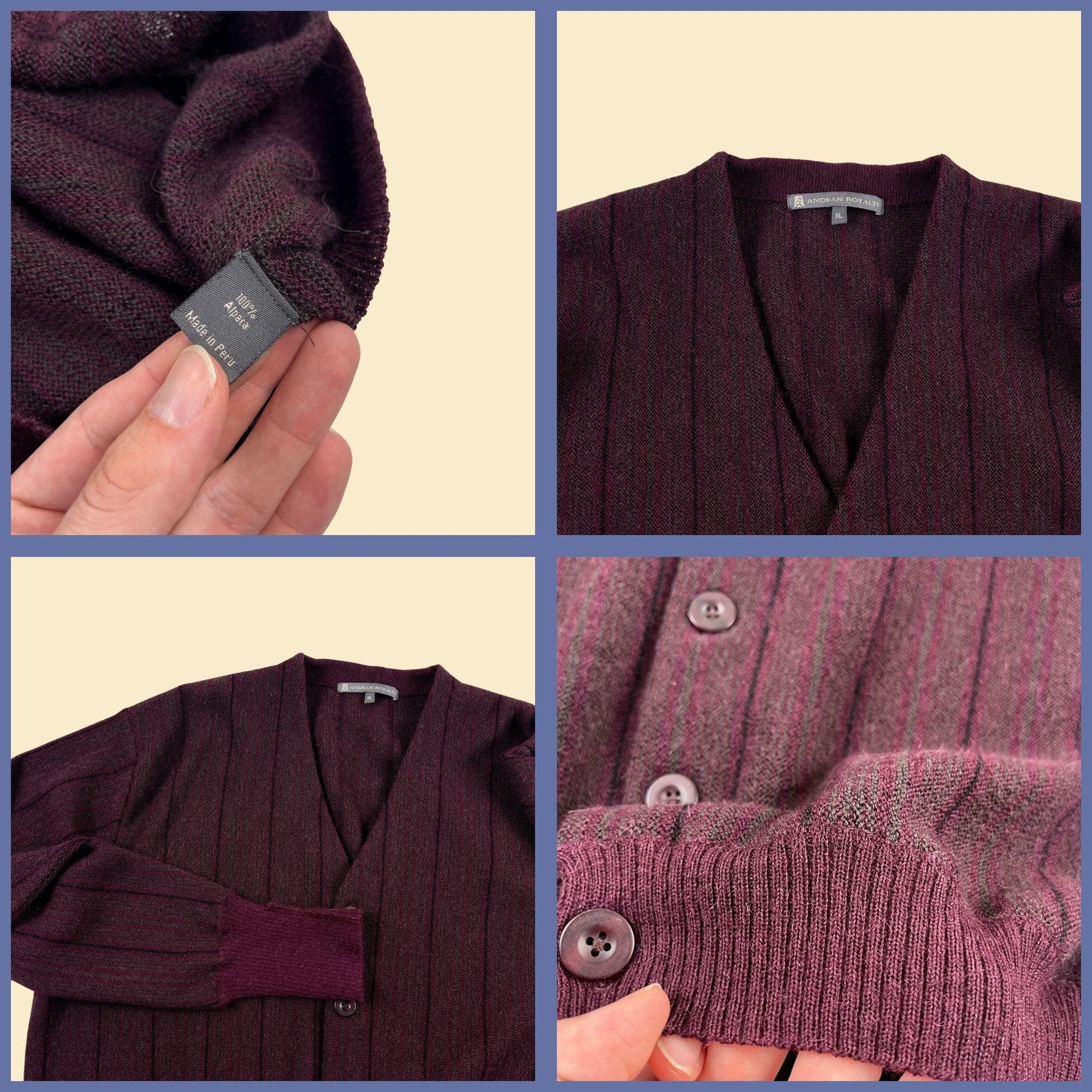 90s XL alpaca wool men's sweater, vintage Peruvian-made burgundy striped cardigan