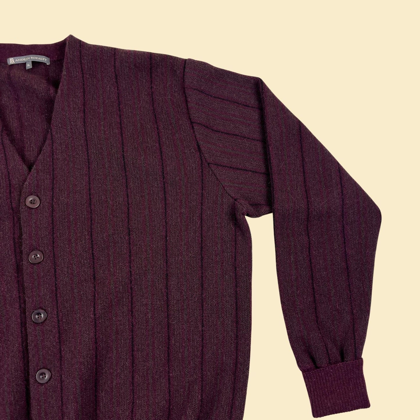 90s XL alpaca wool men's sweater, vintage Peruvian-made burgundy striped cardigan