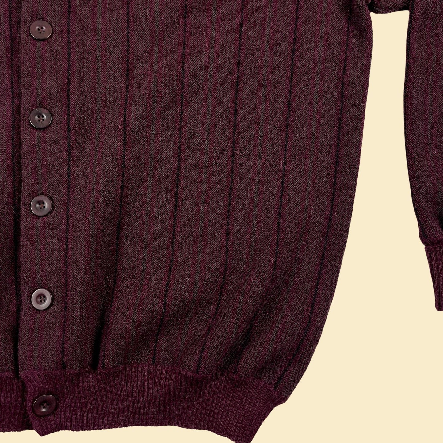 90s XL alpaca wool men's sweater, vintage Peruvian-made burgundy striped cardigan