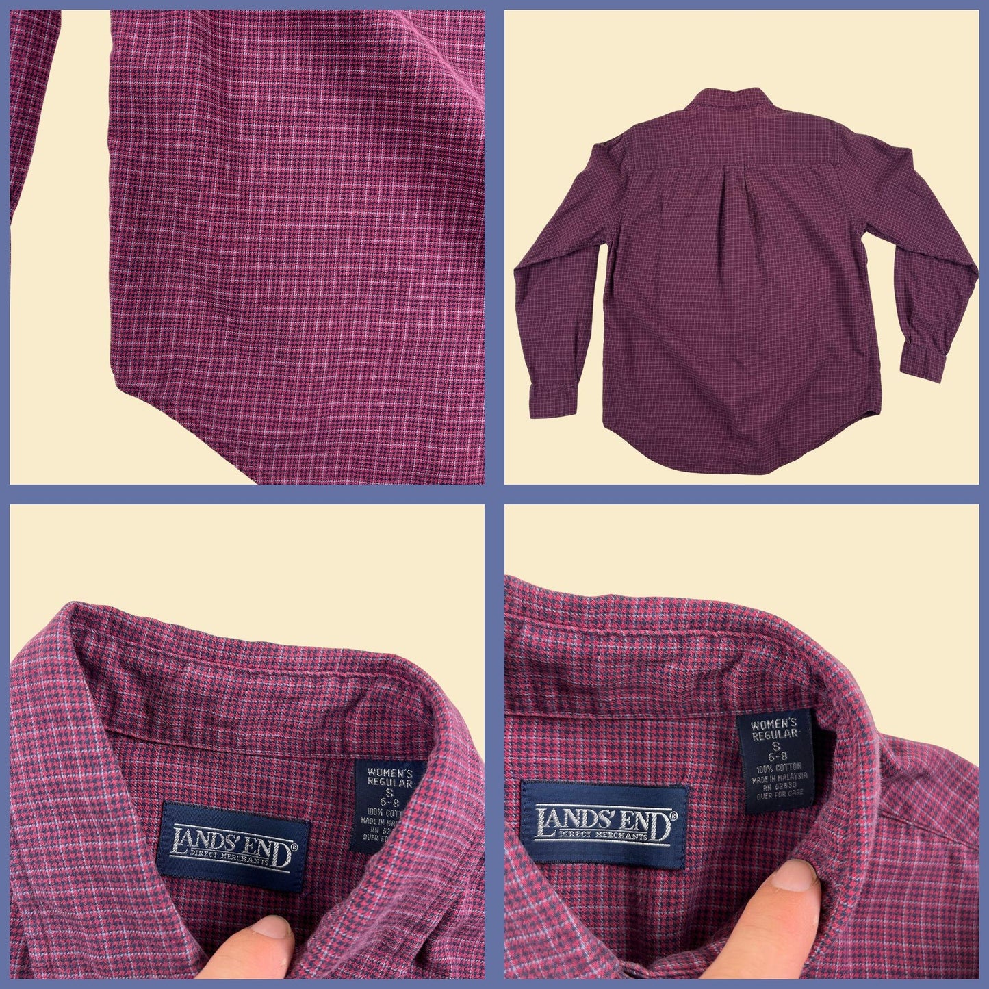 90s S Lands' End shirt, vintage women's burgundy & blue long sleeve cotton button down