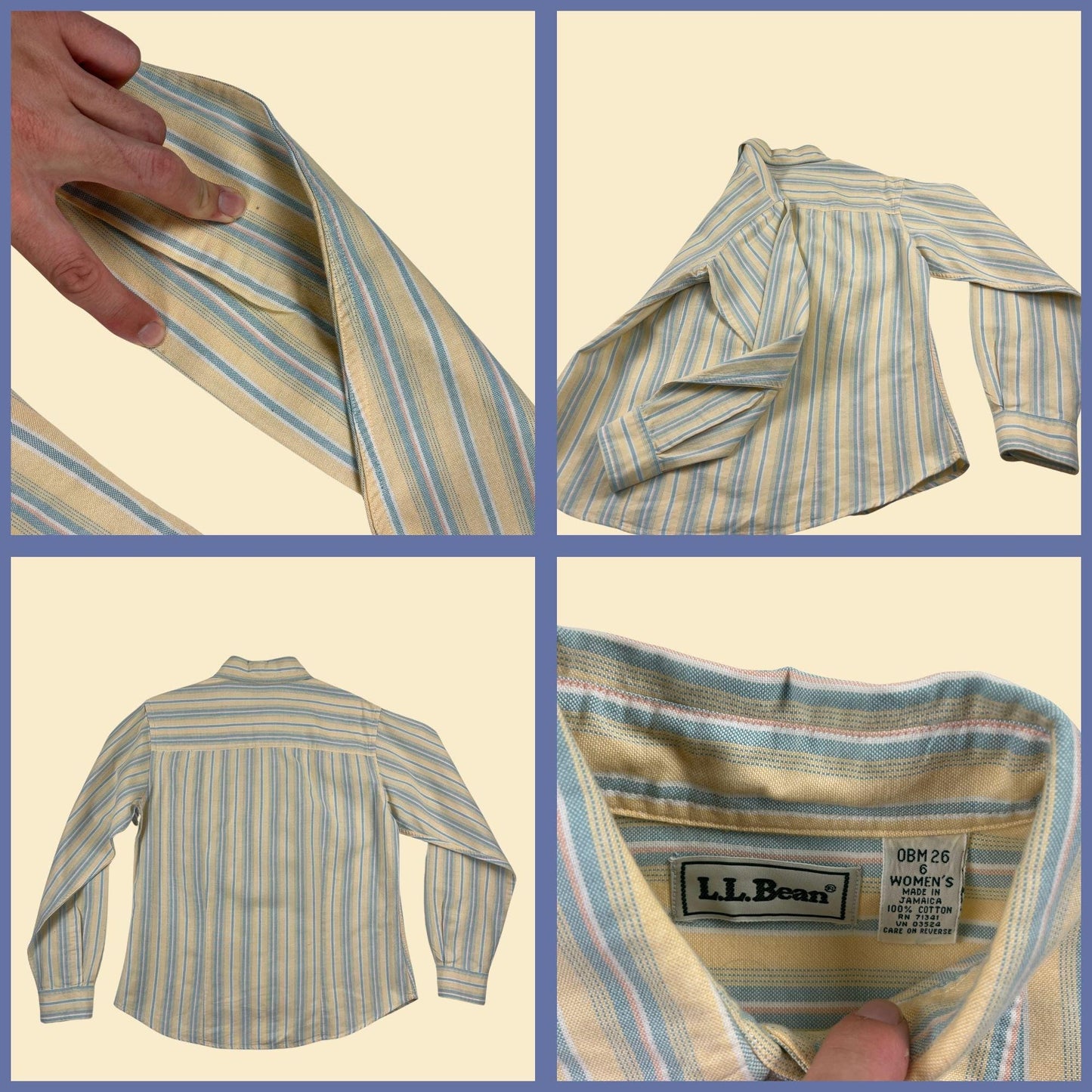 90s L.L. Bean striped blouse, vintage yellow & blue cotton long sleeve button down