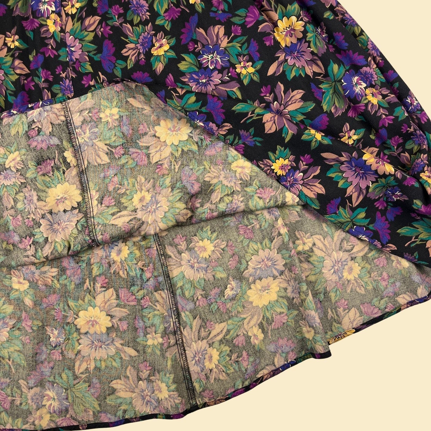 80s/90s LizSport skirt, vintage floral petite S purple & yellow rayon midi to maxi skirt