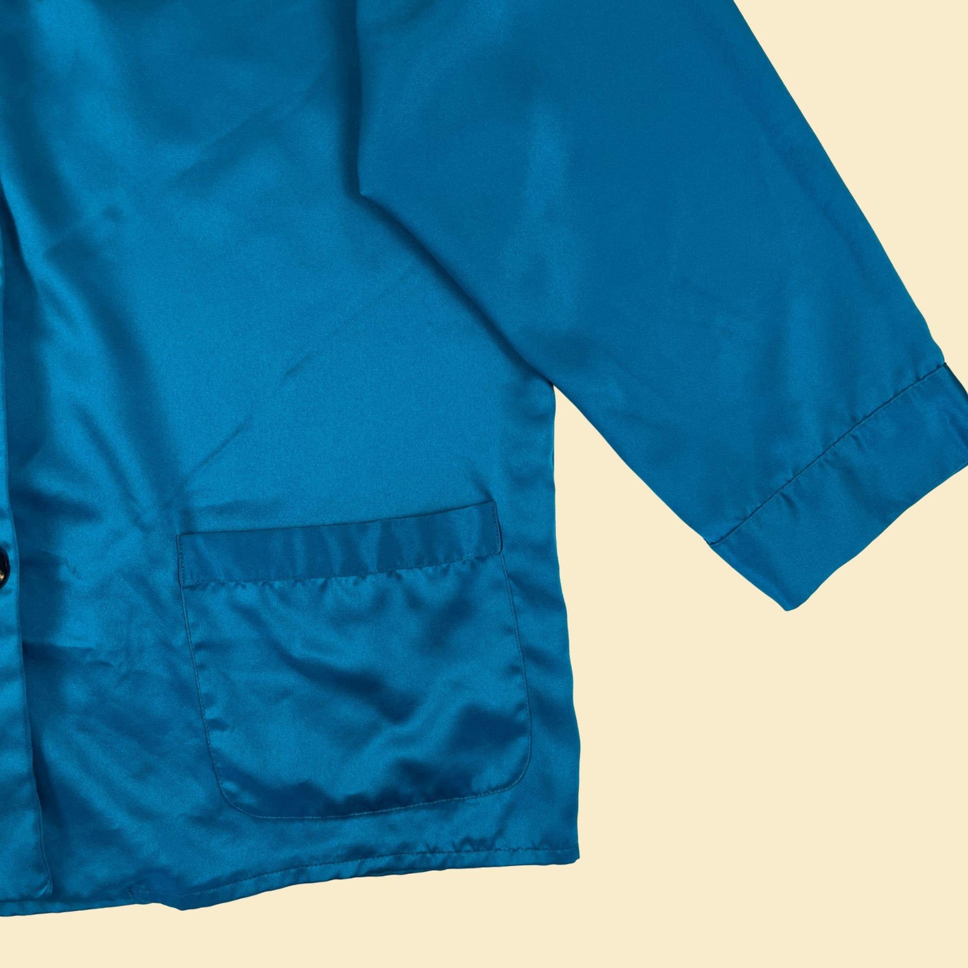 1990s S Victoria's Secret Gold teal/blue top, vintage satin blue button down long sleeve sleep shirt