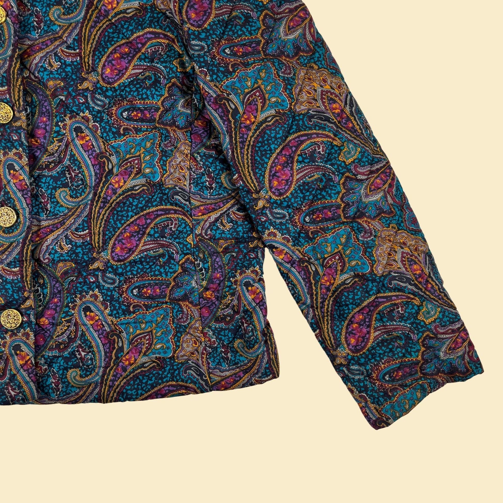 80s/90s paisley jacket by Leslie Fay, vintage L to XL quilted teal & purple button down women's jacket