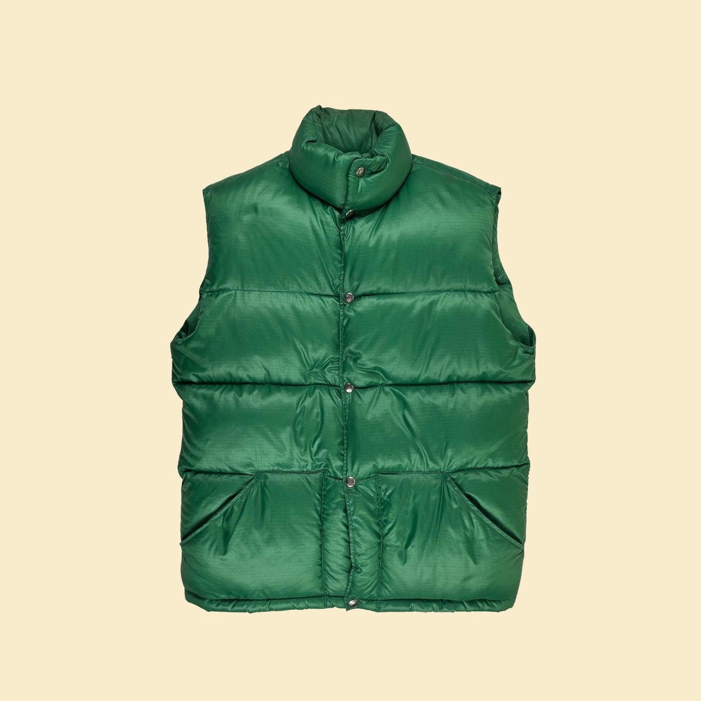 1970s The North Face XL puffer vest, vintage 70s down-filled solid green snap clasp men's vest