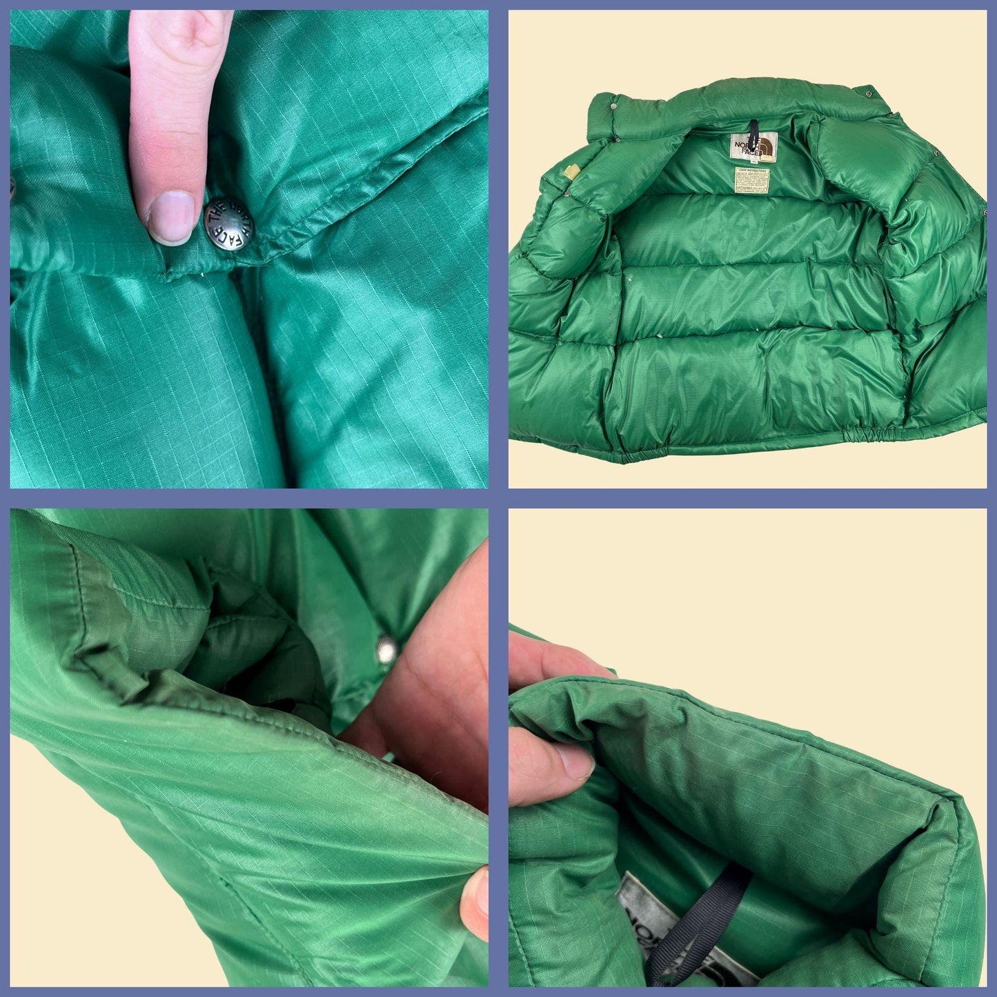 1970s The North Face XL puffer vest, vintage 70s down-filled solid green snap clasp men's vest