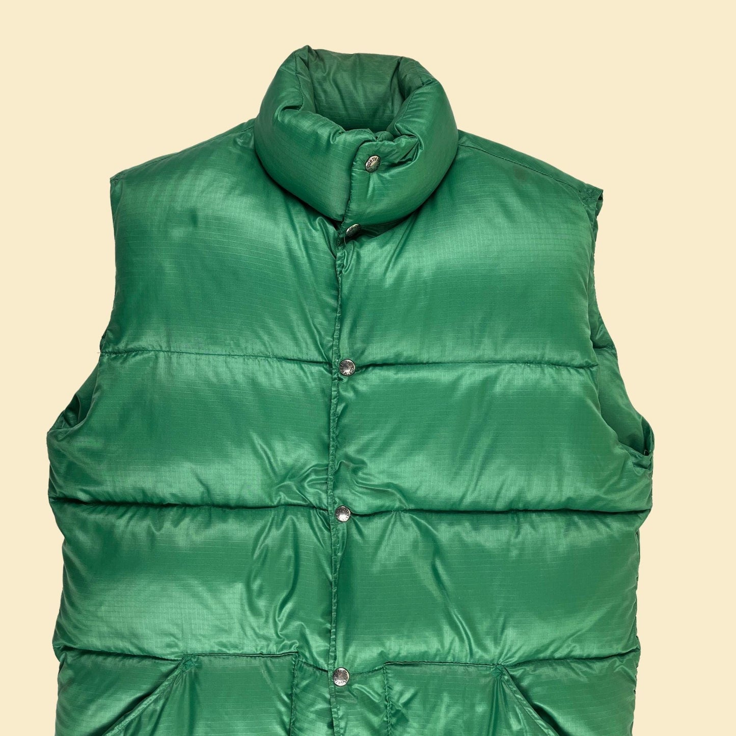 1970s The North Face XL puffer vest, vintage 70s down-filled solid green snap clasp men's vest