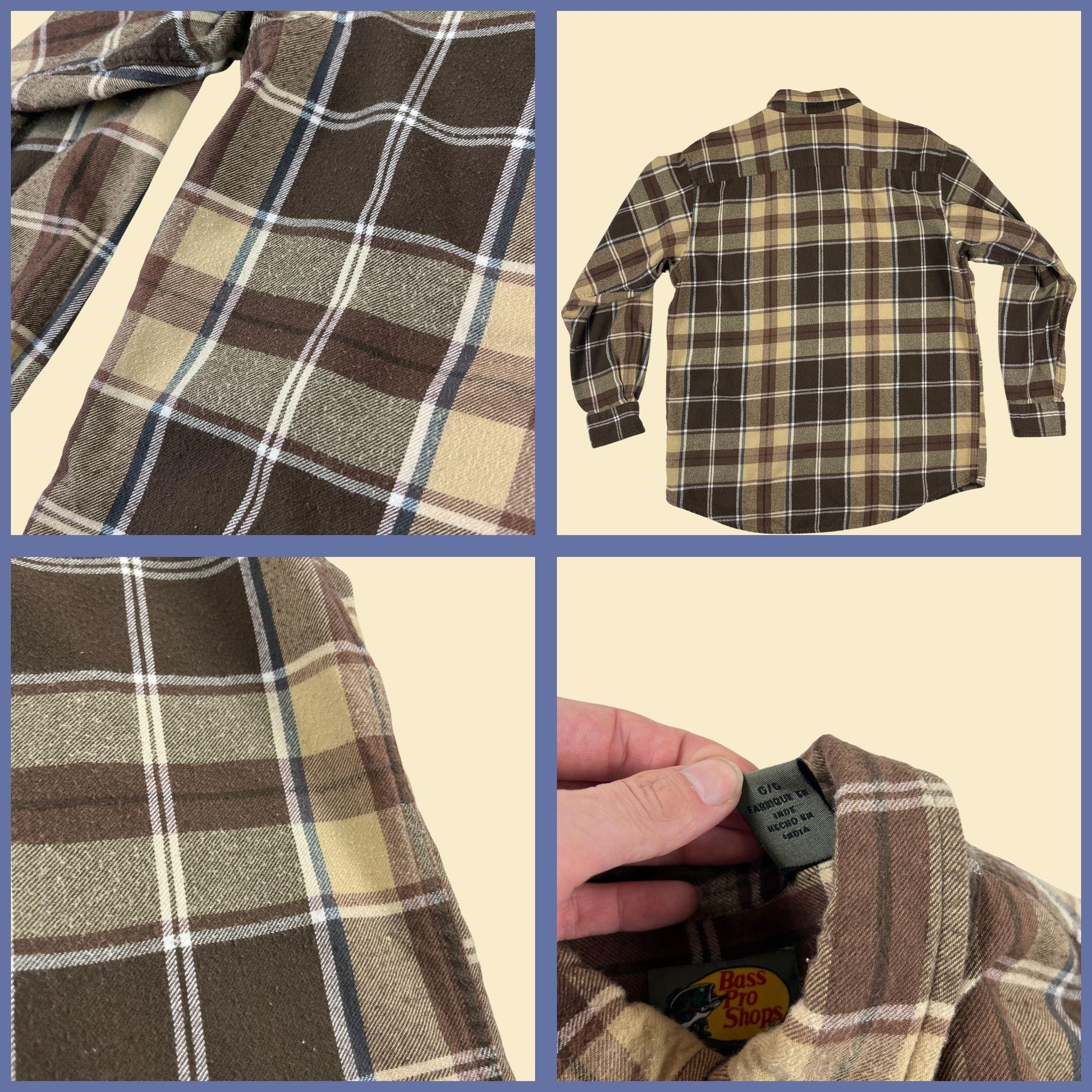 Y2K Bass Pro Shops L flannel shirt, vintage men's brown & blue plaid button down long sleeve top