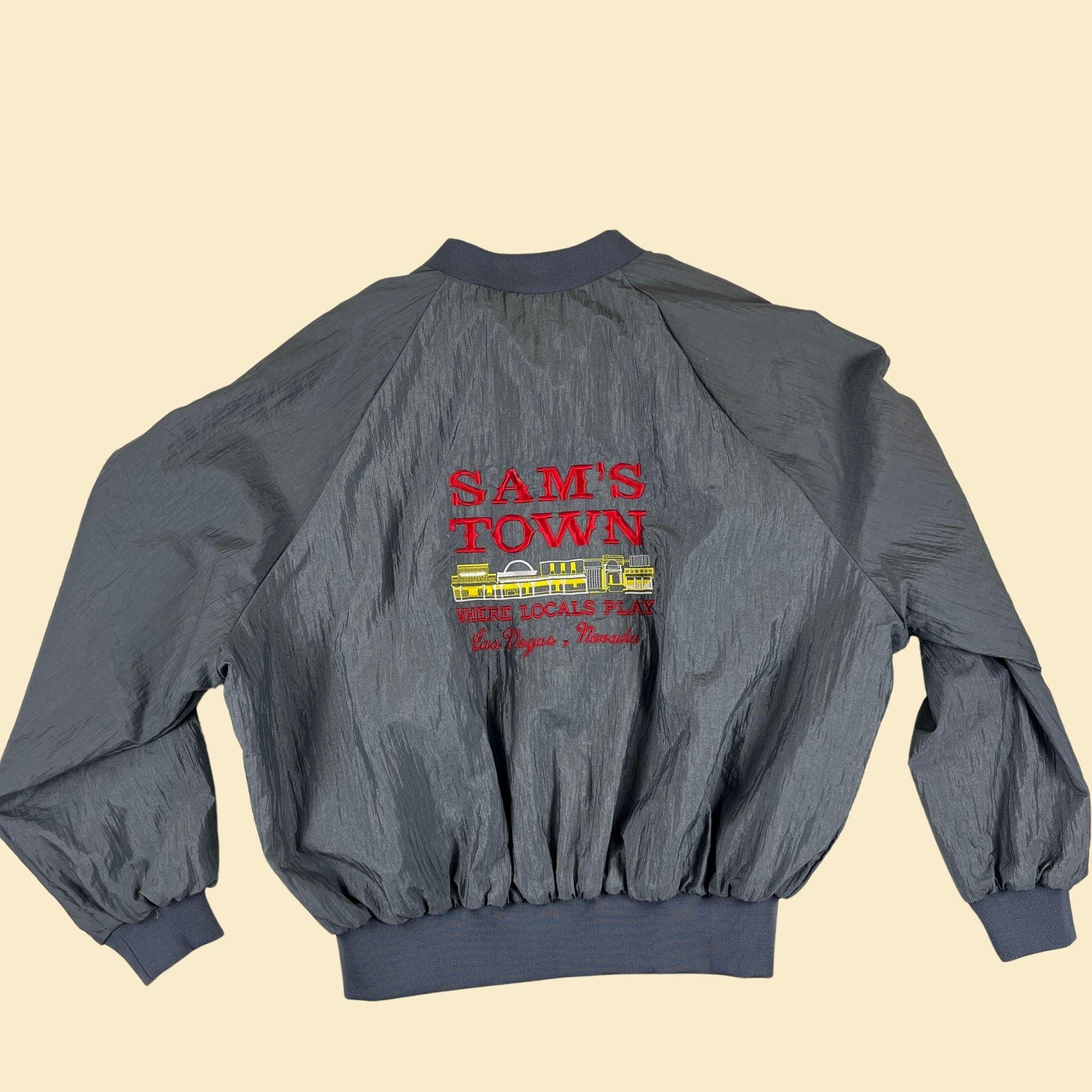 80s/90s XL Sam's Town Casino windbreaker, vintage grey embroidered Las Vegas bomber jacket