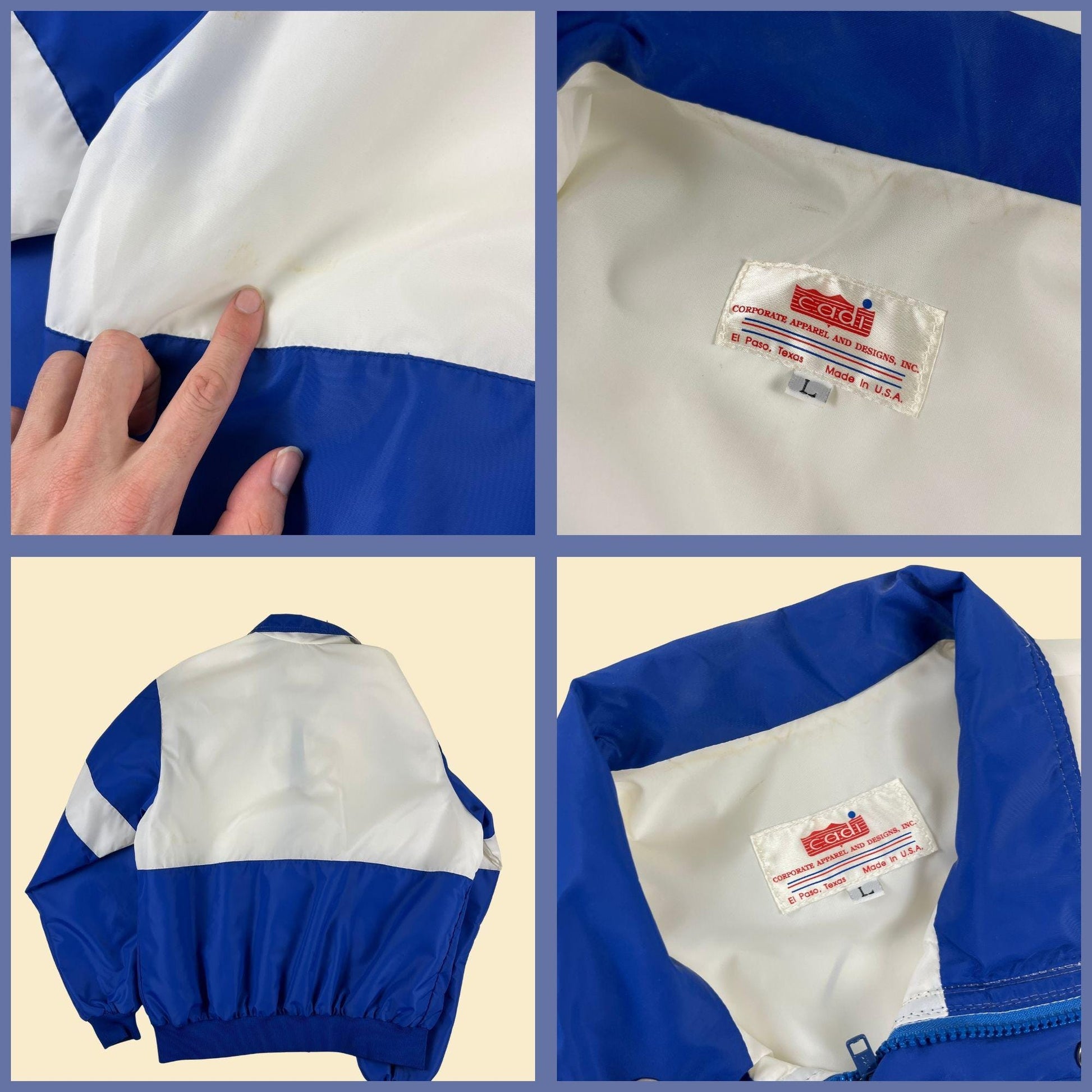 70s/80s Bowie Bears windbreaker jacket, vintage blue & white zip up track jacket