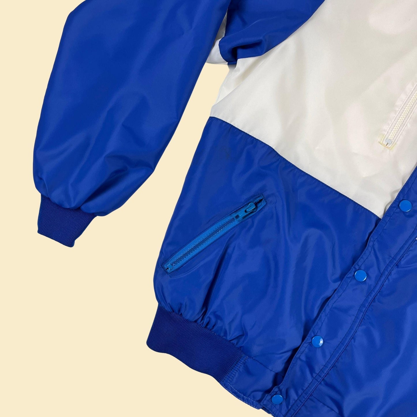 70s/80s Bowie Bears windbreaker jacket, vintage blue & white zip up track jacket