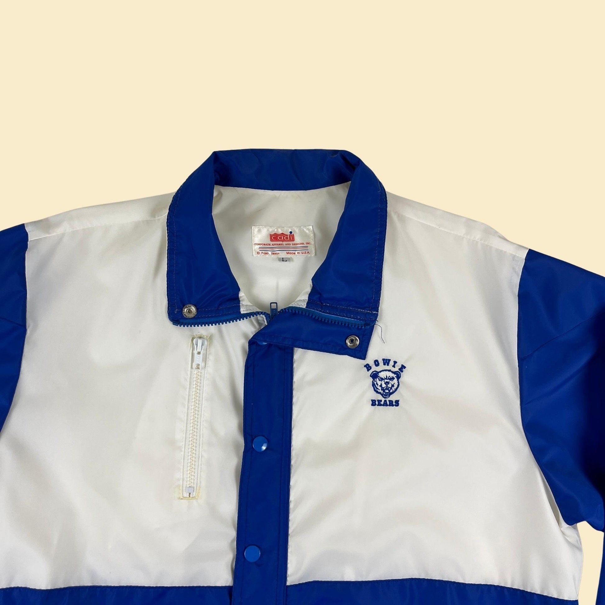 70s/80s Bowie Bears windbreaker jacket, vintage blue & white zip up track jacket