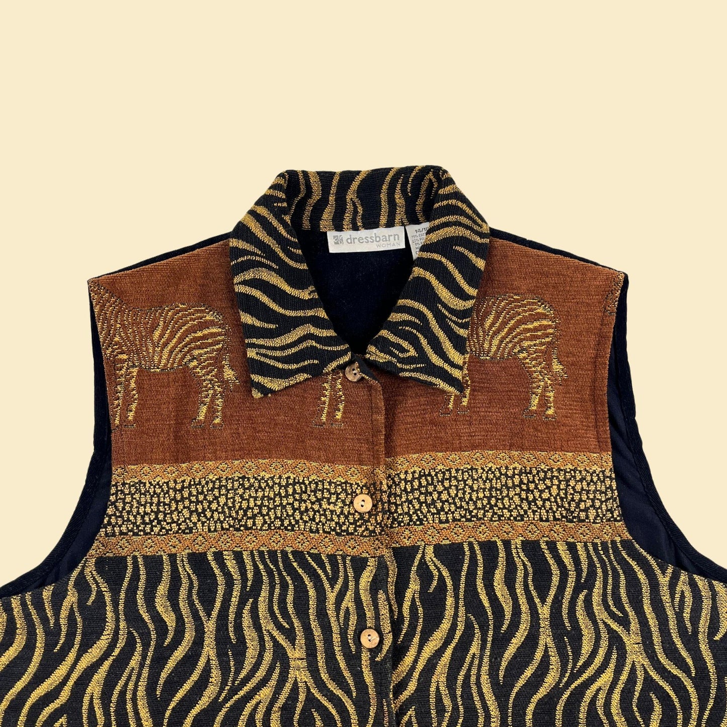 90s/Y2K tapestry vest w/ Zebra designs, vintage size 14/16 women's button down vest