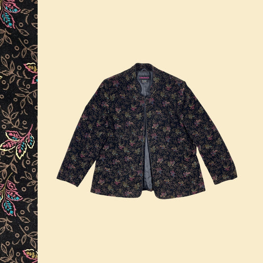 1980s black velvet jacket by Collections II, vintage floral velvet women's open faced jacket